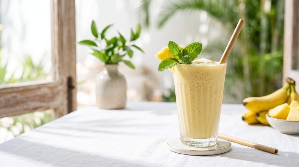Tropical mango pineapple smoothie in a glass with a pineapple garnish
