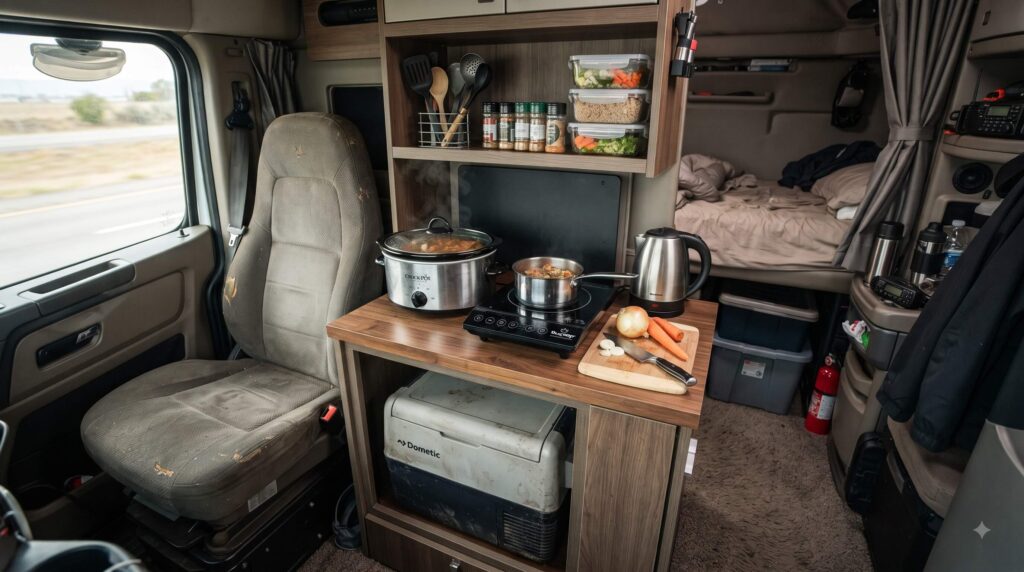 Compact truck cabin mini kitchen with slow cooker and portable cooking equipment