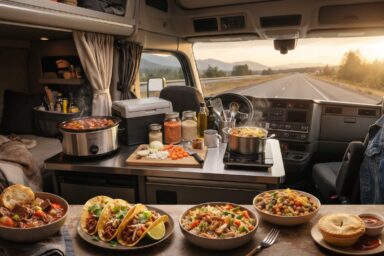 Long-haul trucker kitchen with homemade meals and compact cooking equipment