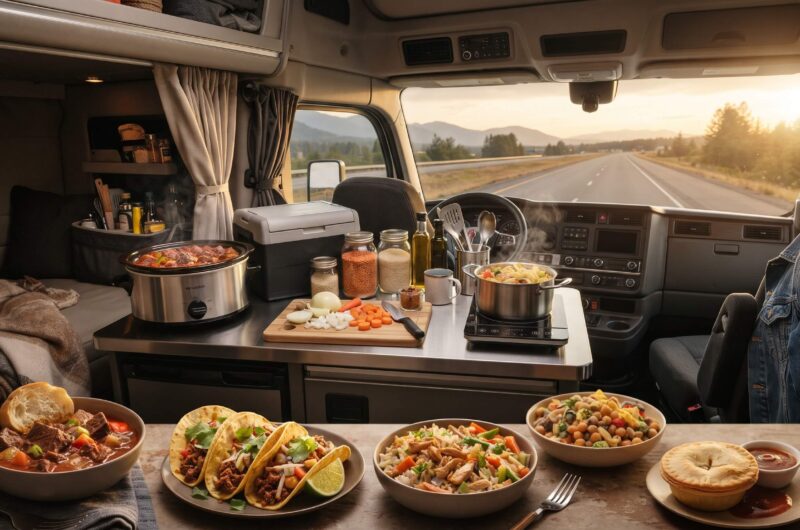 Long-haul trucker kitchen with homemade meals and compact cooking equipment