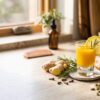 Natural health reset with turmeric ginger shot, rosemary, lemon, and wellness ingredients