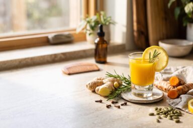 Natural health reset with turmeric ginger shot, rosemary, lemon, and wellness ingredients
