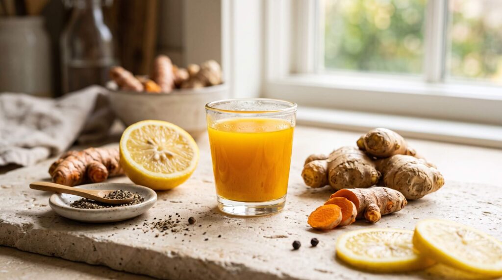 Homemade turmeric ginger lemon wellness shot with fresh ingredients