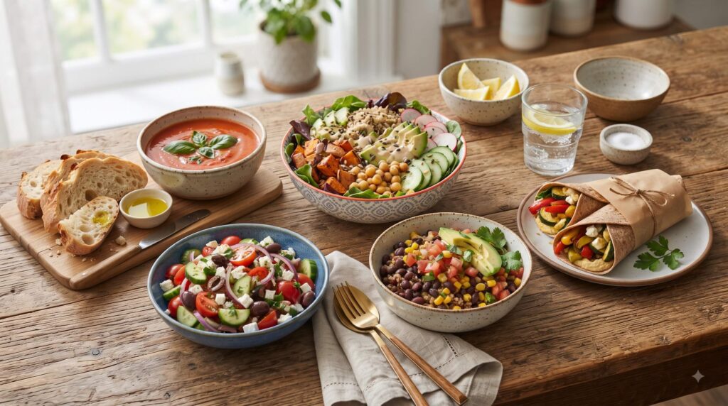 Easy vegetarian lunch ideas including chickpea salad, grain bowls, wraps, soup, and roasted vegetables