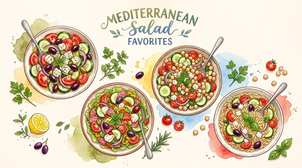 Mediterranean salad recipes with Greek salad, chickpeas, cucumber, tomatoes, olives, feta, lemon and fresh herbs