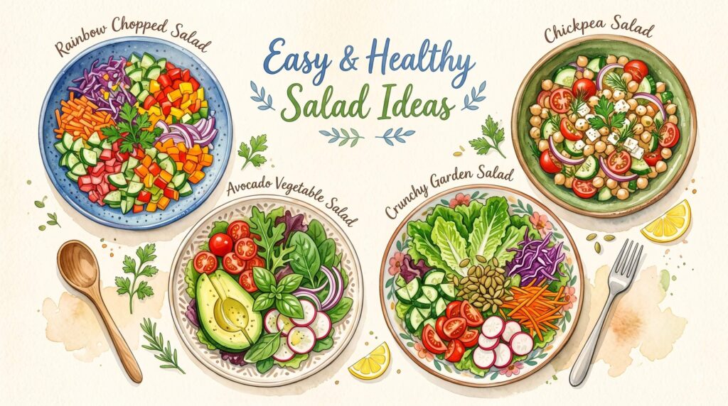 Healthy easy chopped salad ideas with colorful vegetables, avocado, chickpeas, leafy greens and fresh herbs