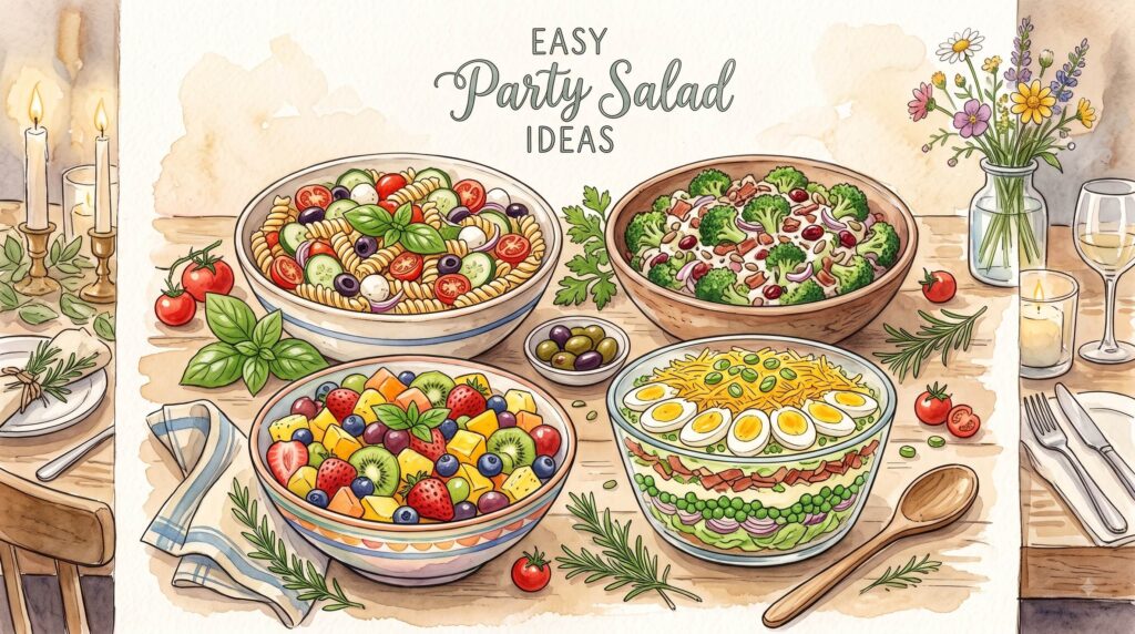 Easy party salad ideas including Italian pasta salad, broccoli crunch salad, layered salad and colorful fruit salad