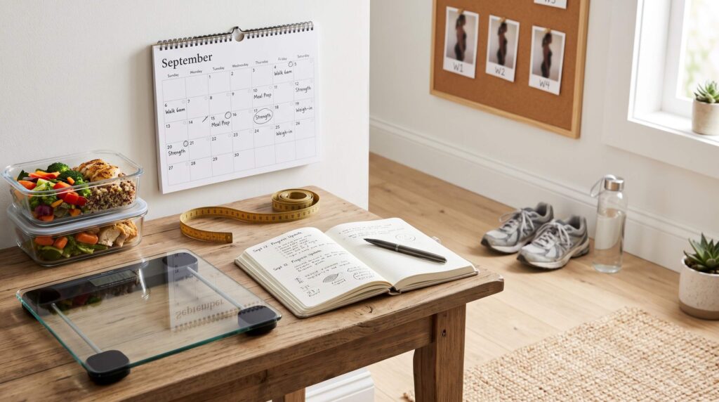 30-day weight loss progress tracking with scale measuring tape calendar and fitness journal