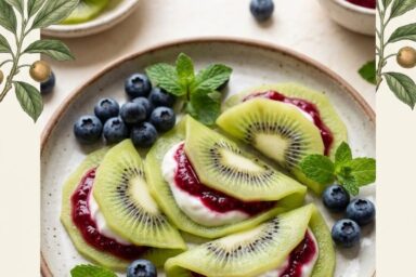 Kiwi Fruit Ravioli — a gorgeous no-bake dessert that looks like pasta but is made entirely with fresh fruit! Thin kiwi slices are filled with creamy vanilla ricotta and mascarpone, then topped with berries, pistachios and fresh mint. This unique fruit dessert is refreshing, elegant and surprisingly easy to make. Perfect for summer parties, dinner guests and anyone who loves creative desserts. Save this beautiful kiwi dessert idea!