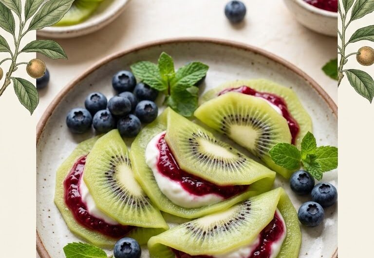Kiwi Fruit Ravioli — a gorgeous no-bake dessert that looks like pasta but is made entirely with fresh fruit! Thin kiwi slices are filled with creamy vanilla ricotta and mascarpone, then topped with berries, pistachios and fresh mint. This unique fruit dessert is refreshing, elegant and surprisingly easy to make. Perfect for summer parties, dinner guests and anyone who loves creative desserts. Save this beautiful kiwi dessert idea!