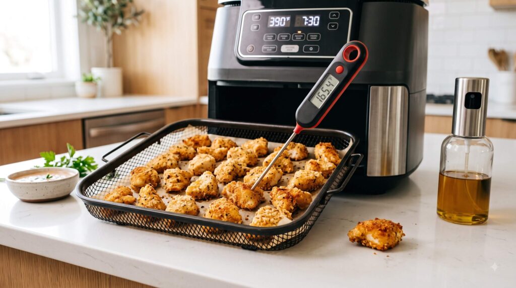 Air fryer chicken bites arranged in a single layer with food thermometer and oil mister