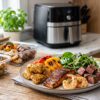 Create a highly appetizing photorealistic horizontal spread of healthy high-protein air fryer meals. Feature four distinct portions: crispy lemon-pepper chicken bites, garlic sirloin steak bites, blackened salmon fillet, and crispy marinated tofu cubes, served with colorful vegetables and fresh greens. Each protein should have visibly different textures and seasonings. Bright natural lighting, clean meal-prep aesthetic, modern food photography, realistic portions, vibrant but natural ingredients, shallow depth of field, horizontal 16:9 composition, no people, no text, no logos, no watermark.