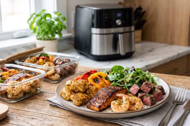 Create a highly appetizing photorealistic horizontal spread of healthy high-protein air fryer meals. Feature four distinct portions: crispy lemon-pepper chicken bites, garlic sirloin steak bites, blackened salmon fillet, and crispy marinated tofu cubes, served with colorful vegetables and fresh greens. Each protein should have visibly different textures and seasonings. Bright natural lighting, clean meal-prep aesthetic, modern food photography, realistic portions, vibrant but natural ingredients, shallow depth of field, horizontal 16:9 composition, no people, no text, no logos, no watermark.