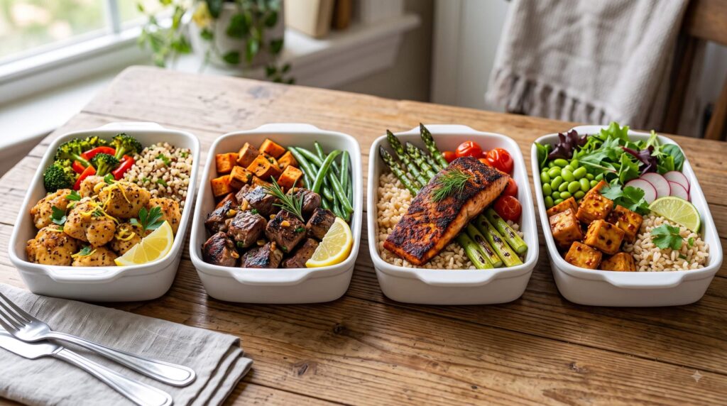 Healthy high-protein air fryer meals featuring chicken, steak, salmon, tofu, and vegetables