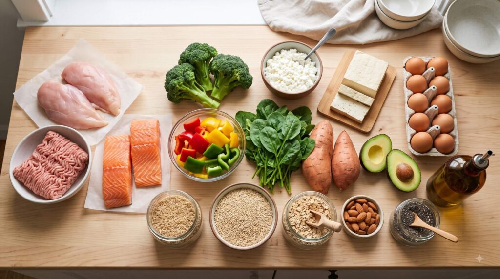 High-protein macro meal prep grocery staples including chicken, salmon, rice, vegetables, and healthy fats