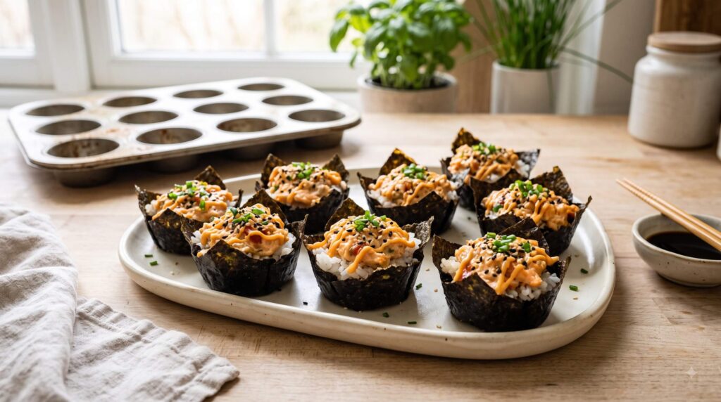 Baked salmon sushi cups made in a muffin tin