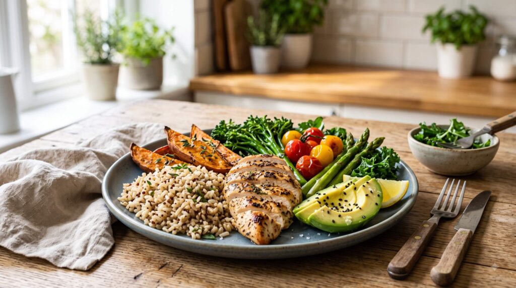 Balanced macro meal with protein, complex carbohydrates, vegetables, and healthy fats