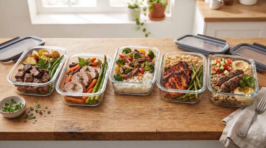 Air fryer beef and pork meal prep with steak bites, pork tenderloin, beef broccoli, and kofta