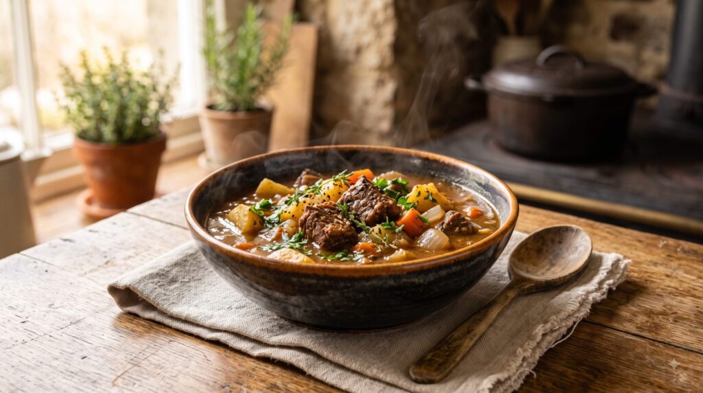 Hearty beef and potato stew with carrots and onions in a rich savory broth