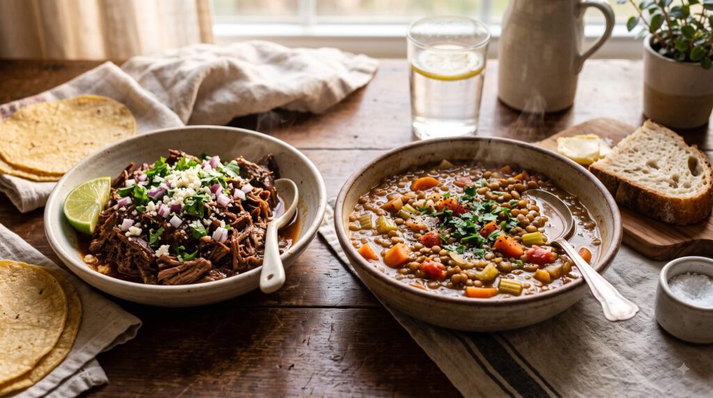 Slow cooker beef barbacoa with lime and vegetarian lentil stew with carrots and tomatoes