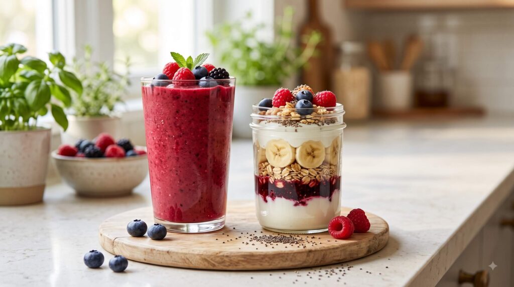 Berry protein smoothie and probiotic Greek yogurt parfait with berries, banana, oats and flaxseed