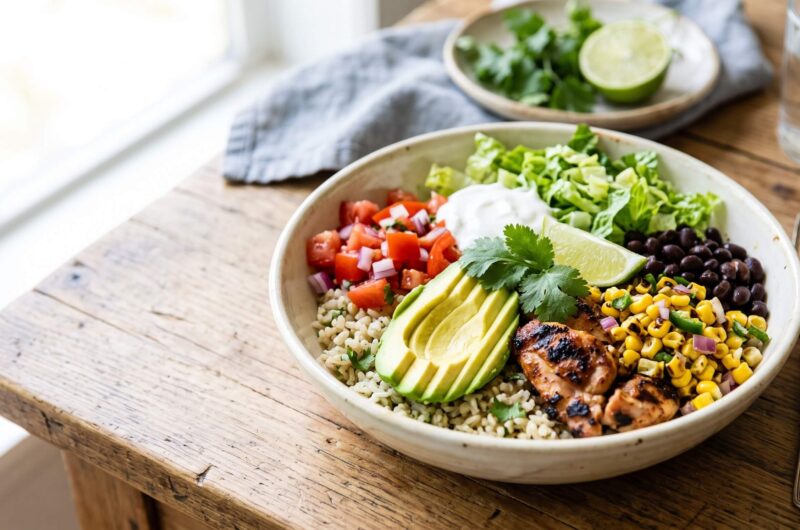 Healthy copycat Chipotle burrito bowl with chipotle chicken, cilantro lime brown rice, black beans, roasted corn salsa and avocado