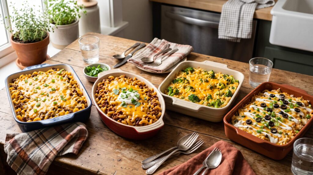 Kid-friendly cheeseburger macaroni, chili mac, and cheesy rice casseroles