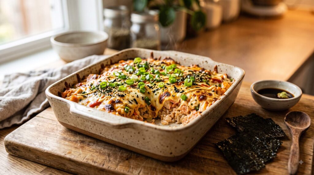 Cheesy spicy salmon and crab sushi bake served with nori