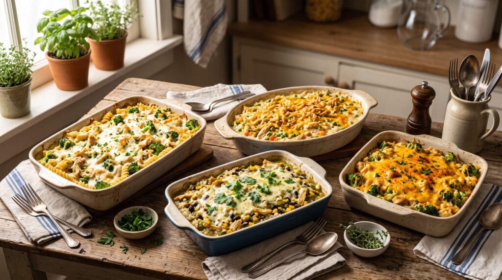 Chicken dump and bake dinners including Alfredo, chicken and rice, and broccoli casserole