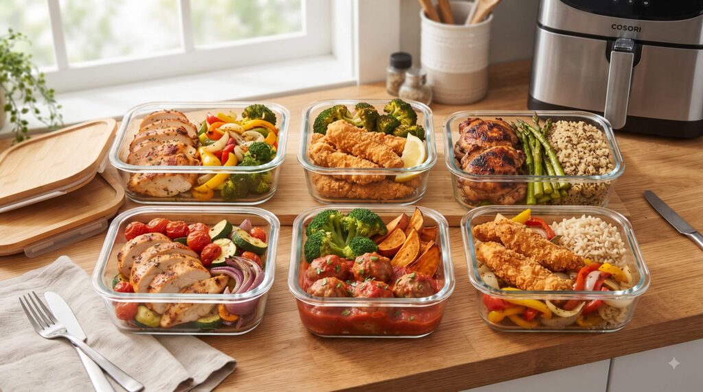 High-protein air fryer chicken meal prep with chicken breast, tenders, meatballs, and vegetables