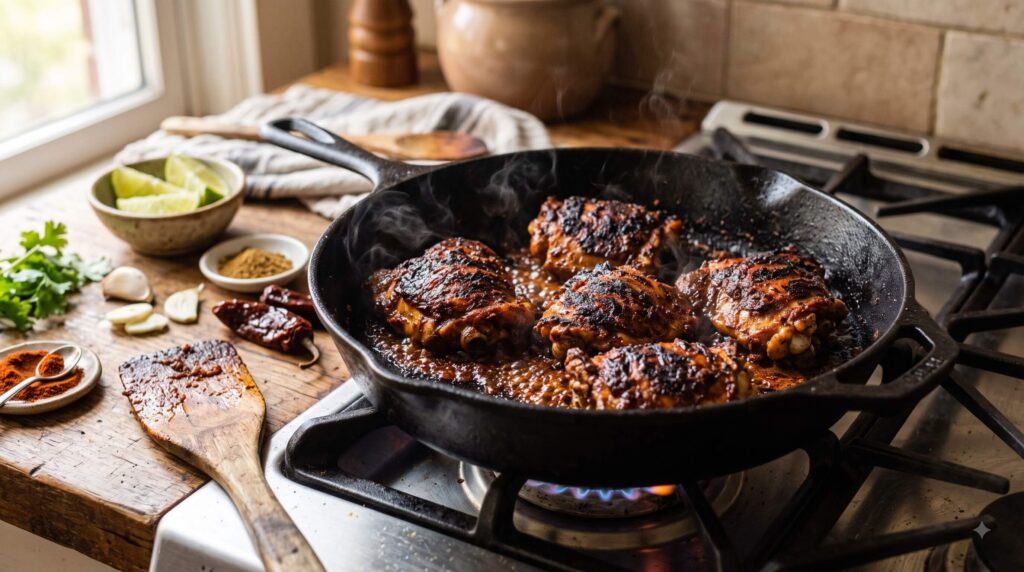 Chipotle-marinated chicken searing in a skillet for a healthy burrito bowl