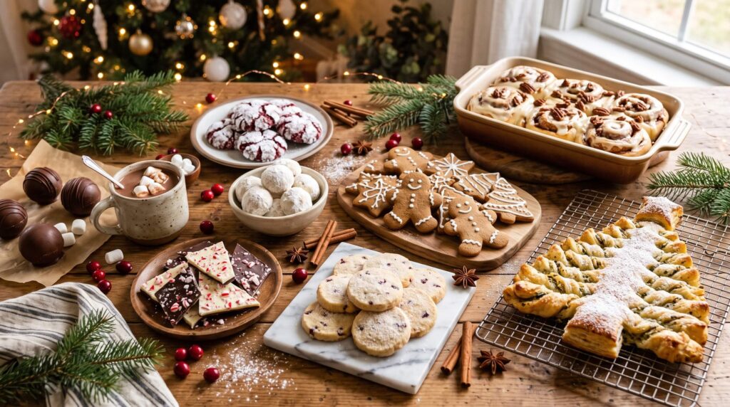 easy Christmas recipes and holiday baking with cookies peppermint bark hot chocolate and cinnamon rolls
