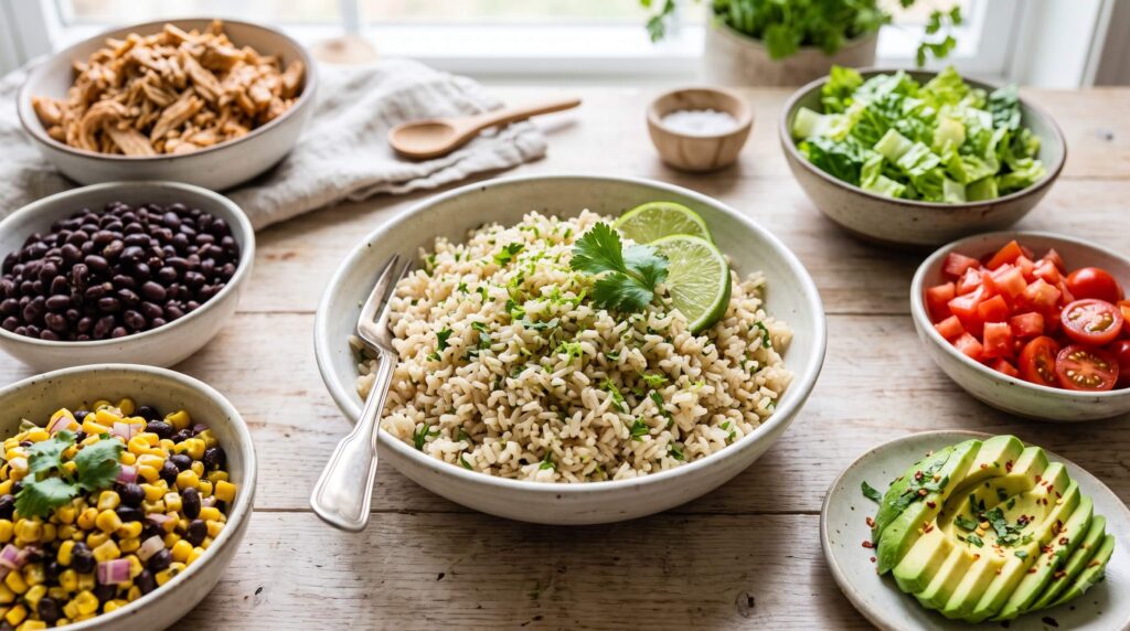 Fluffy cilantro lime brown rice with fresh cilantro and lime for a healthy burrito bowl