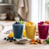 Whole-food smoothie ingredients including avocado, chia, flax, turmeric, ginger, and coconut milk