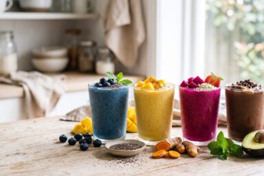 Whole-food smoothie ingredients including avocado, chia, flax, turmeric, ginger, and coconut milk