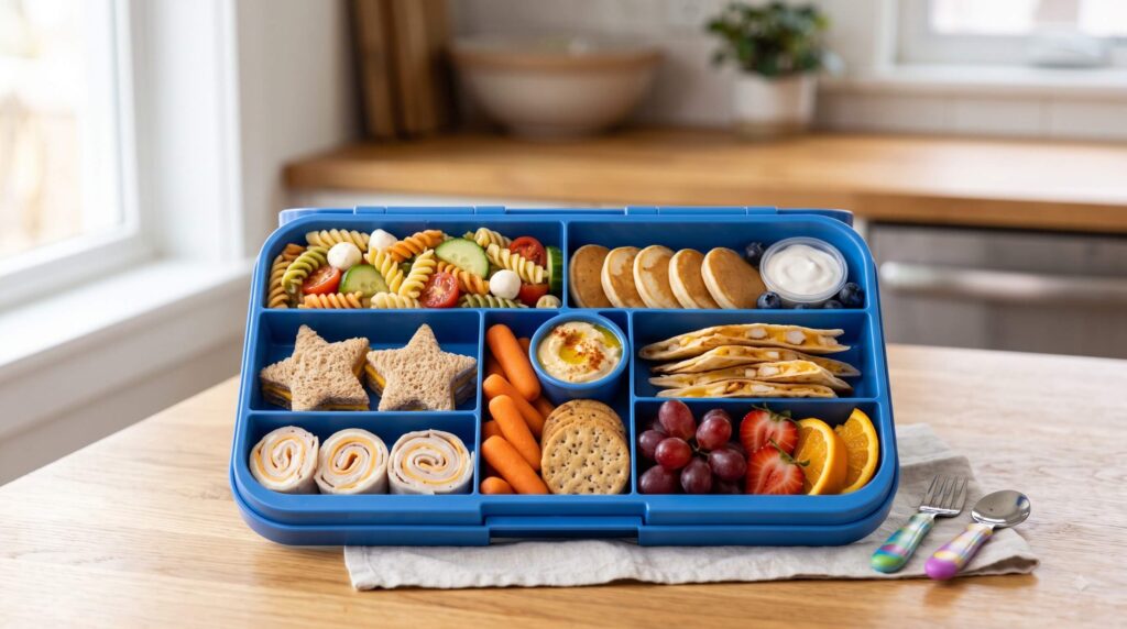 Colorful kid-friendly bento lunch with turkey roll-ups, mini sandwiches, pasta, pancakes, quesadillas, fruit, vegetables, and crackers.