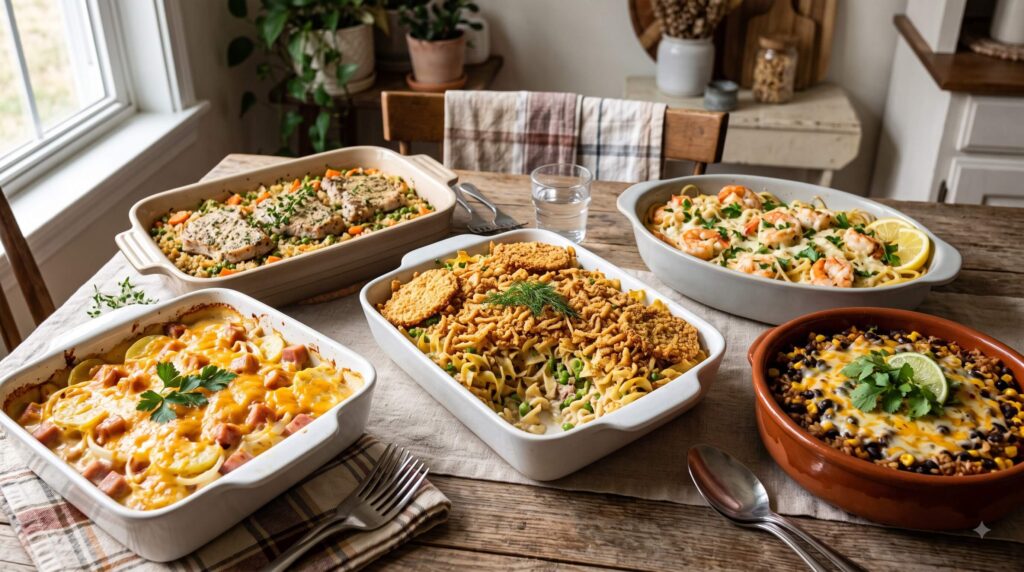 Pork, seafood, and meatless dump and bake casseroles