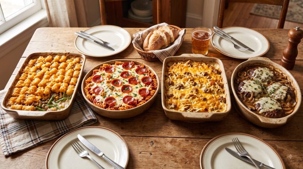 Ground beef and sausage dump and bake casseroles with crispy cheesy toppings