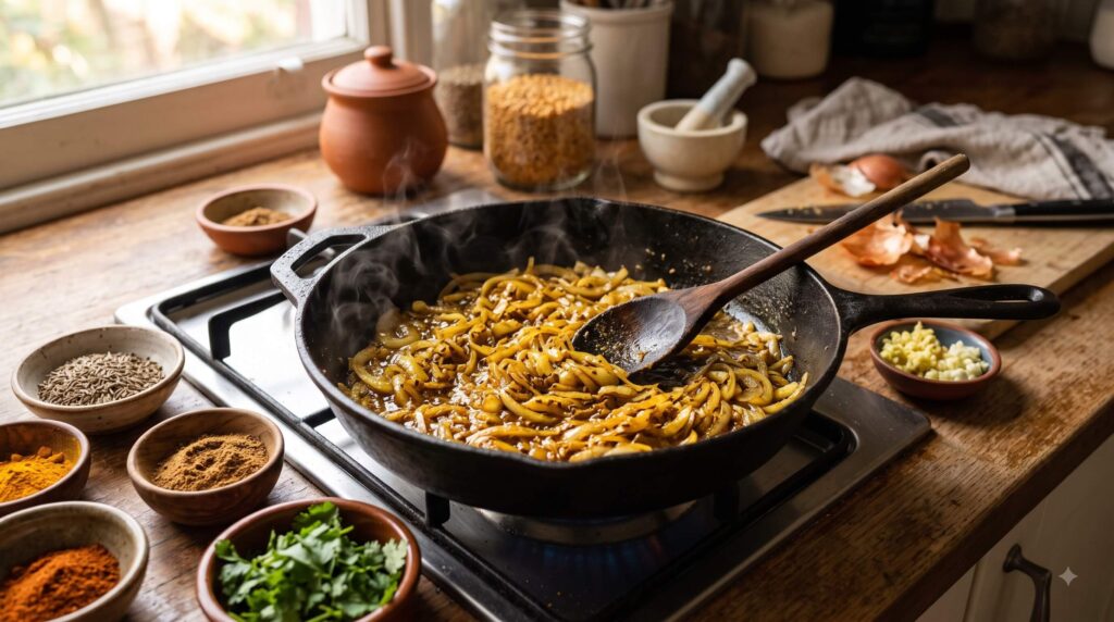 Indian-inspired spices and aromatics cooking in a skillet for a quick weeknight dinner