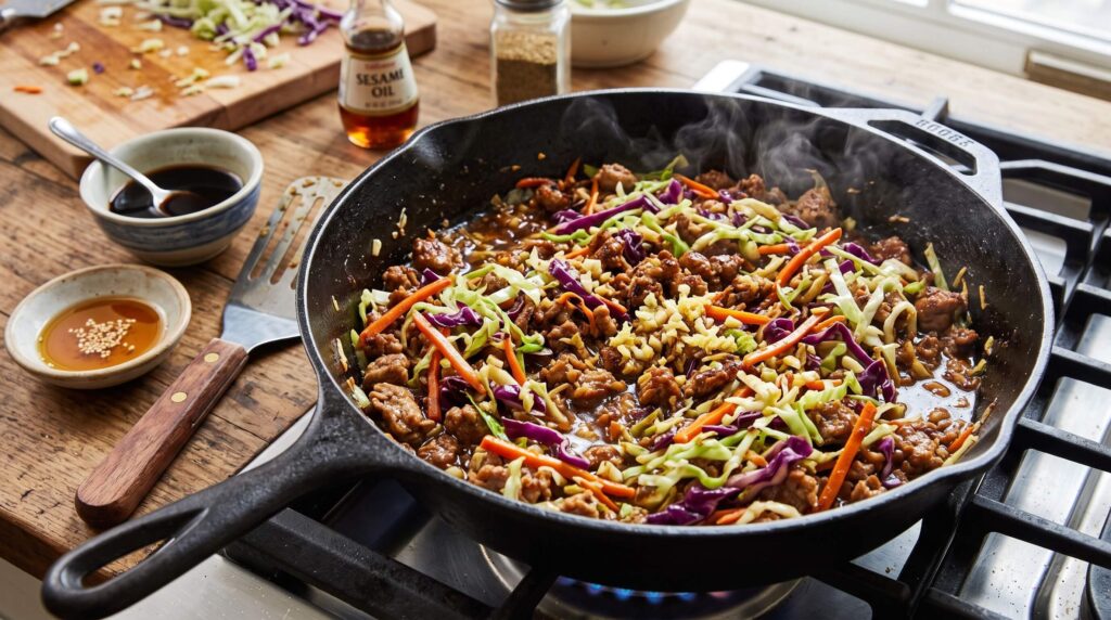 Ground pork and shredded cabbage cooking in a skillet for low-carb Egg Roll in a Bowl