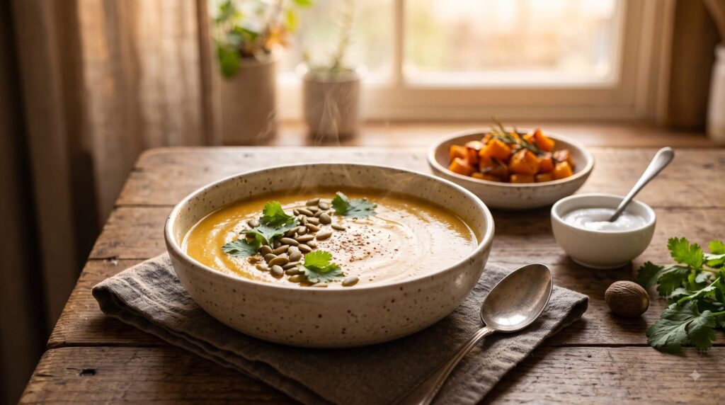 Creamy butternut squash soup topped with pumpkin seeds and fresh cilantro