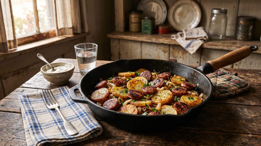 Crispy potato and smoked sausage skillet with onions and bell peppers