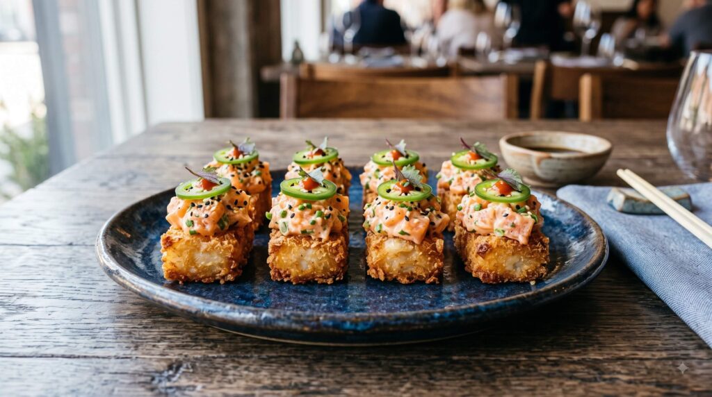 Crispy sushi rice bites topped with spicy salmon and jalapeño