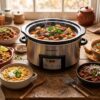 Six dump-and-go crockpot dinners including pot roast, salsa chicken, honey garlic pork, white chicken chili, beef barbacoa, and lentil stew
