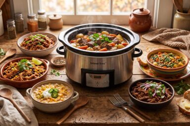 Six dump-and-go crockpot dinners including pot roast, salsa chicken, honey garlic pork, white chicken chili, beef barbacoa, and lentil stew