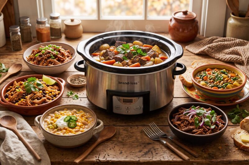 Six dump-and-go crockpot dinners including pot roast, salsa chicken, honey garlic pork, white chicken chili, beef barbacoa, and lentil stew