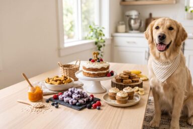 Horizontal 16:9: Photorealistic horizontal 16:9 composition for a premium homemade dog treat recipe article, several small frozen dog treats arranged on a light ceramic plate, banana yogurt bites, blueberry yogurt bites and peanut butter banana frozen treats, fresh blueberries and sliced banana placed naturally beside the treats, small bowl of plain Greek yogurt and xylitol-free peanut butter in the background, bright clean kitchen counter, soft natural daylight, refreshing summer feeling, realistic creamy and frozen textures, elegant food styling, warm neutral tones, editorial recipe photography, visually appealing and Pinterest-friendly, clean negative space, no human hands, no coffee, no chocolate, no artificial candy, no readable text, no logos, no watermark