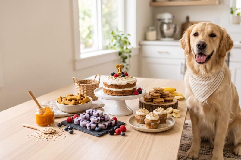 Horizontal 16:9: Photorealistic horizontal 16:9 composition for a premium homemade dog treat recipe article, several small frozen dog treats arranged on a light ceramic plate, banana yogurt bites, blueberry yogurt bites and peanut butter banana frozen treats, fresh blueberries and sliced banana placed naturally beside the treats, small bowl of plain Greek yogurt and xylitol-free peanut butter in the background, bright clean kitchen counter, soft natural daylight, refreshing summer feeling, realistic creamy and frozen textures, elegant food styling, warm neutral tones, editorial recipe photography, visually appealing and Pinterest-friendly, clean negative space, no human hands, no coffee, no chocolate, no artificial candy, no readable text, no logos, no watermark