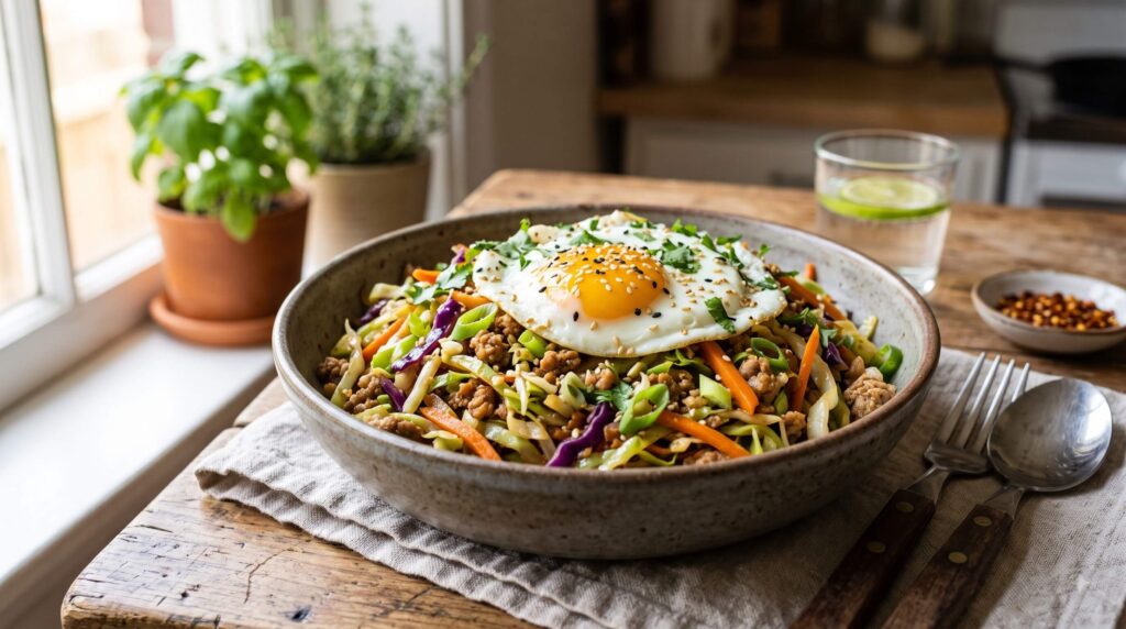 High-volume low-carb Egg Roll in a Bowl with cabbage, ground meat, sesame seeds, and fried egg