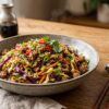 Low-carb Egg Roll in a Bowl with ground pork, cabbage, carrots, ginger, garlic, and sesame